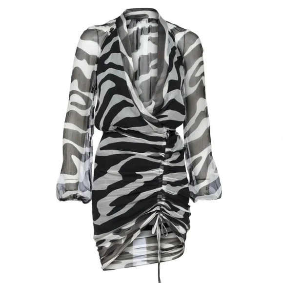 MOTHER OF ALL Vera Ruched Long Sleeve Silk Dress Black and White size 8/10 NWT - Picture 3 of 13